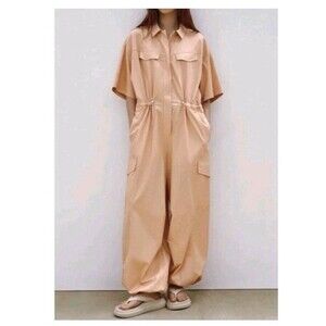 Zara Gabardine Utility Cargo Oversized Cotton Jumpsuit Tan Size Medium